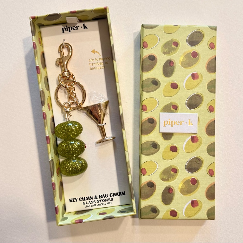 NWT Piper K Sparkly Olive & Martini Glass Key Chain Bag Charm Gift